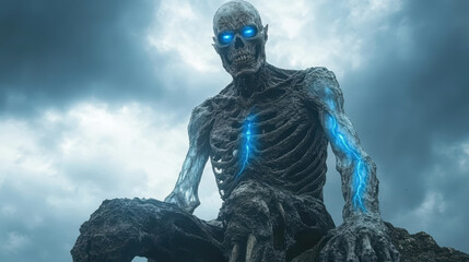 towering skeleton with glowing blue veins sits ominously