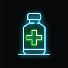Obraz premium Glowing neon medical bottle icon with green cross isolated on a dark background