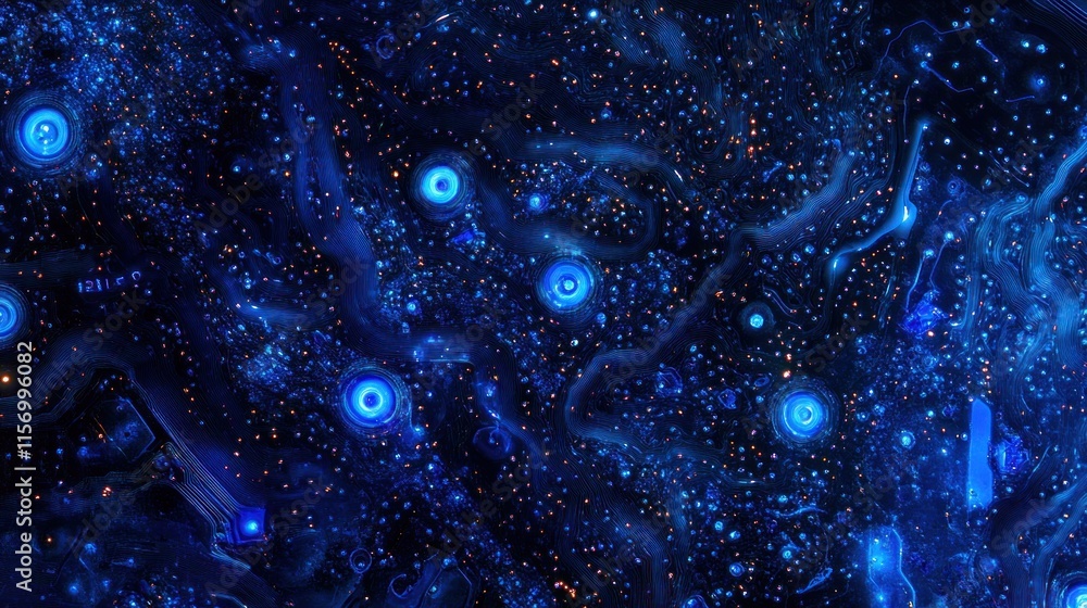 Poster abstract blue and orange swirls with glowing particles, resembling a cosmic nebula or microscopic vi