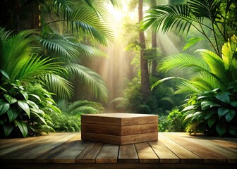 Fototapeta premium 3D Rendered Wooden Podium Tropical Forest Product Photography Background, Jungle Display Stand, Nature Showcase, Eco-Friendly Product Presentation