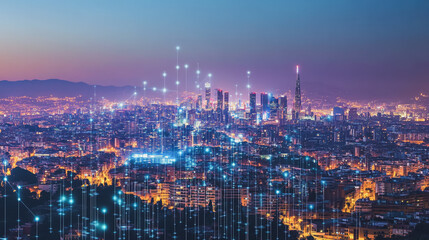 Fototapeta premium Smart digital Innovation city with connection network reciprocity over the cityscape. of future smart wireless digital city and social media networking systems that connects people with in city
