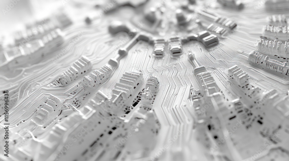 Poster abstract white city model with intricate pathways and buildings.
