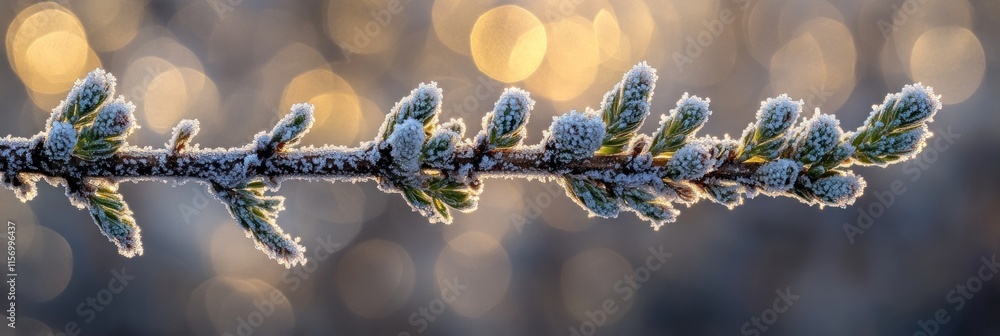 Leinwandbilder frost-covered branch with tiny buds against a bokeh background.