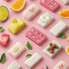 Valentine's day galentine gifts. Colorful, decorative soaps arranged on a pink surface with fruits and floral accents.