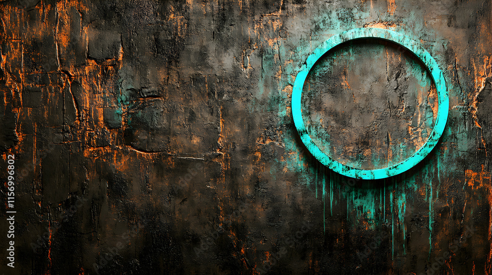 Poster abstract grunge background with a teal circle frame on a dark textured wall. perfect for design proj
