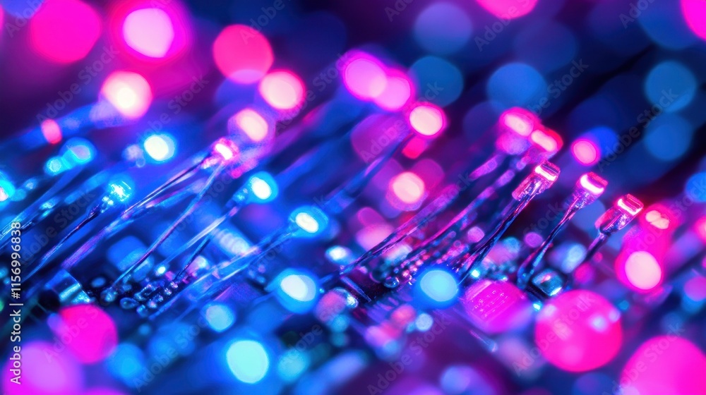 Poster abstract close-up of illuminated circuit board with vibrant pink and blue lights.