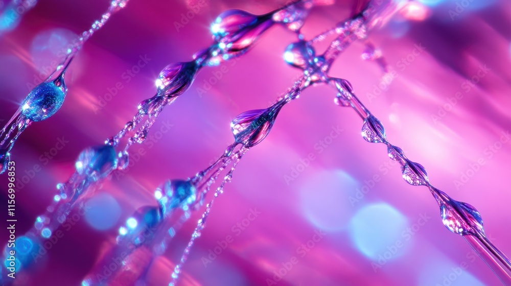 Poster abstract close-up of water droplets cascading down, illuminated with vibrant pink and blue bokeh lig