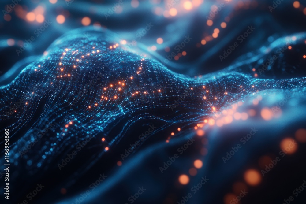 Poster Abstract digital landscape with glowing particles and wavy lines.