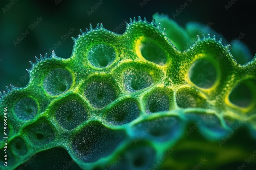 Poster close-up of a vibrant green, textured organic surface with porous, honeycomb-like structure and tiny