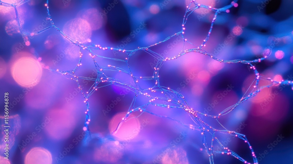 Poster abstract network of glowing lines and nodes in vibrant pink and blue hues.