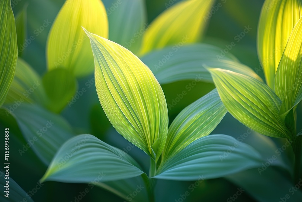 Poster lush green foliage illuminated by sunlight, showcasing vibrant texture and intricate leaf patterns.
