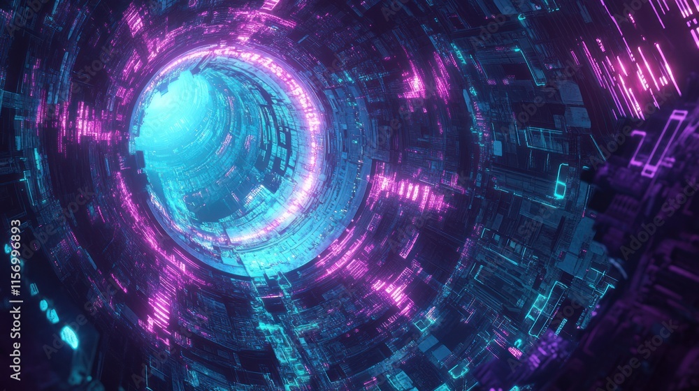 Aufkleber abstract digital art depicting a glowing, neon-lit tunnel with intricate circuitry.