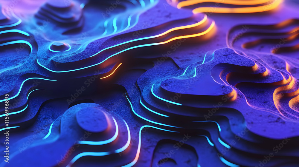 Poster abstract 3d rendering of a textured surface with glowing neon lines, creating a dynamic and vibrant 