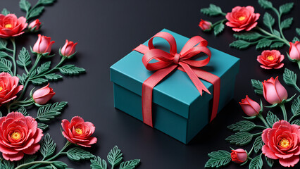 elegant paper quilling design: a luxurious gift box on a dark background, surrounded by opulent flowers, ideal for celebrating special moments and expressing heartfelt emotions