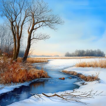 A frozen creek with frost-covered grass and twigs along its edges.