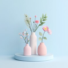 Valentine's day galentine gifts. Stylish vases with flowers on a minimalistic display against a light blue background.