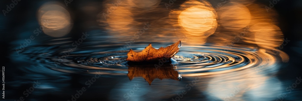 Poster A single autumn leaf floats on dark water, creating concentric ripples under warm bokeh lights.