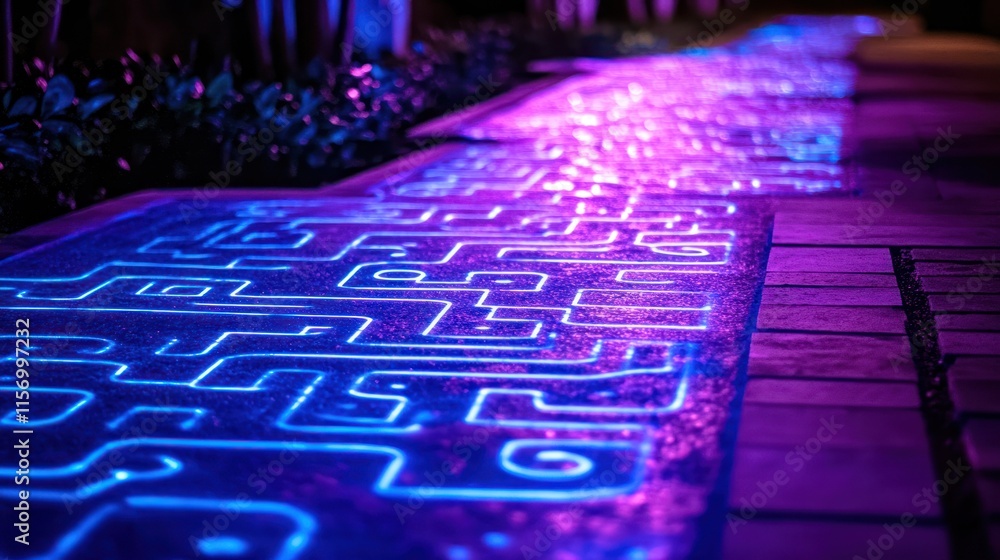 Aufkleber Illuminated pathway with abstract design at night.