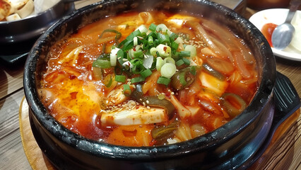kimchi jjigae, Korean stew with kimchi, tofu and vegetables, served in traditional stone pot