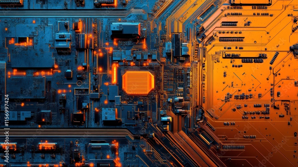 Aufkleber close-up of a circuit board with vibrant orange and blue hues, showcasing intricate electronic compo