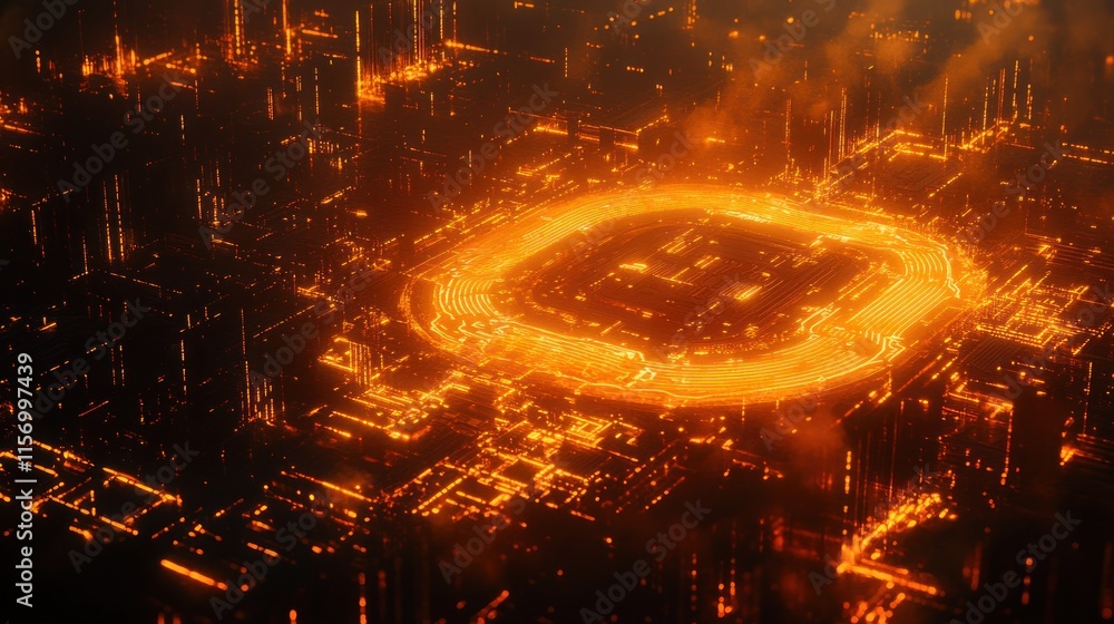 Aufkleber glowing orange circuit board with stadium-like structure at its center.