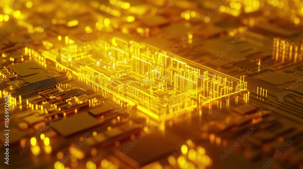 Aufkleber golden circuitry board with glowing microchip.