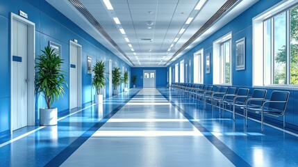 A bright, modern hospital corridor with seating and plants, designed for patient comfort.