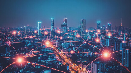 Naklejka premium Smart digital Innovation city with connection network reciprocity over the cityscape. of future smart wireless digital city and social media networking systems that connects people with in city