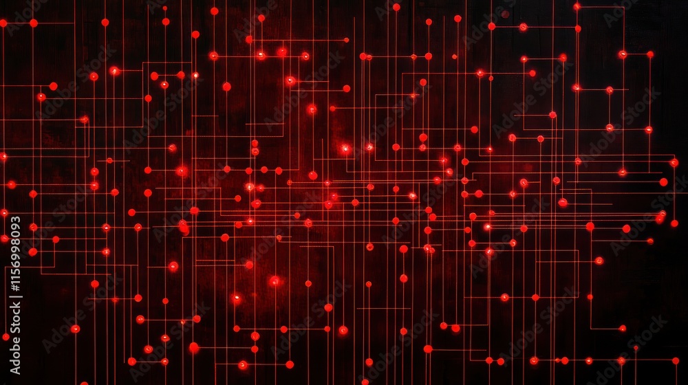 Poster Abstract red digital network connection lines and dots on dark background.