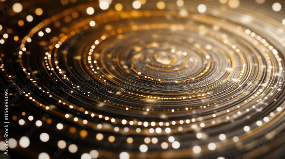 Poster Abstract swirling golden circles with bokeh lights, creating a luxurious and elegant background.