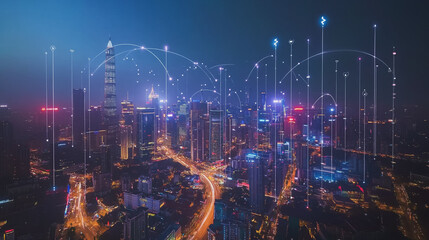 Fototapeta premium Smart digital Innovation city with connection network reciprocity over the cityscape. of future smart wireless digital city and social media networking systems that connects people with in city