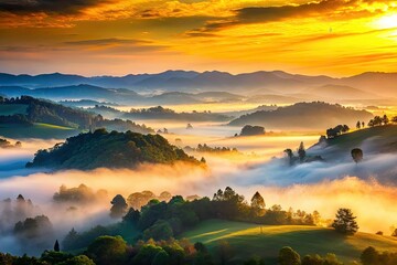 Obraz premium Misty hills silhouette: tranquil scenic landscape photography captures serene dawn.