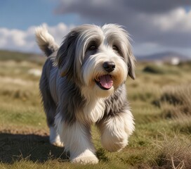 Bearded Collie Rel?ch? en Pos de Poil au Vent sur un ?corce ,  trees,  poil au vent,  rural