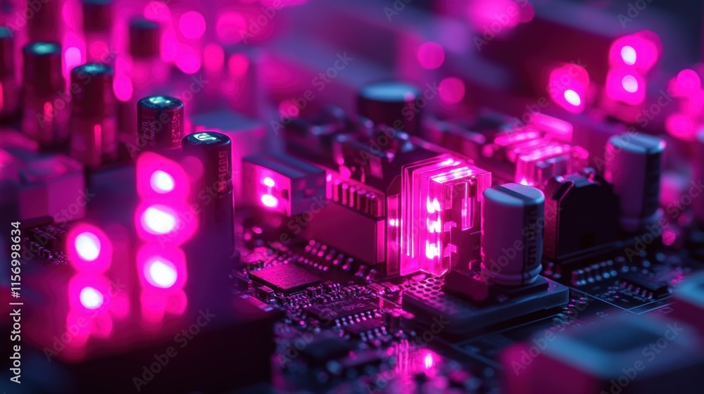 Fototapete close-up of illuminated circuit board with pink leds and components.