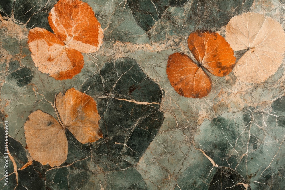 Poster Rustic autumn leaves artfully arranged on an emerald green marble backdrop, highlighting the interplay of colors and textures in a harmonious composition.