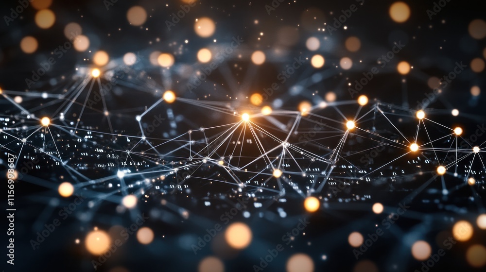 Poster Abstract network connection with glowing nodes and lines.