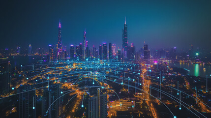 Fototapeta premium Smart digital Innovation city with connection network reciprocity over the cityscape. of future smart wireless digital city and social media networking systems that connects people with in city