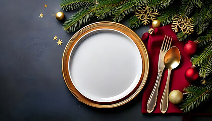 Christmas Banner Dinner Table Setting Frame With Empty Plate, Cutlery, Christmas Toys And Fi