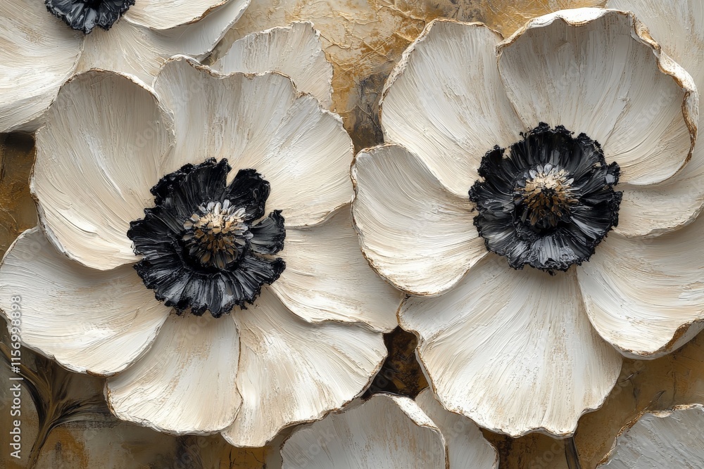Aufkleber A striking display of large white flowers with bold black centers, artistically textured on a canvas, creating a stunning visual impact with depth and dimension.