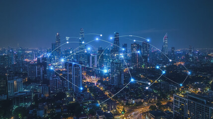 Naklejka premium Smart digital Innovation city with connection network reciprocity over the cityscape. of future smart wireless digital city and social media networking systems that connects people with in city