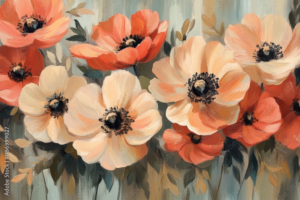 Poster a captivating display of orange and cream poppies in full bloom set against a serene background with