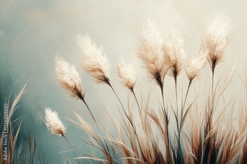 Aufkleber This serene image features stylized pampas grass gently swaying in the breeze, set against a soft blue background, conveying tranquility and graceful simplicity.