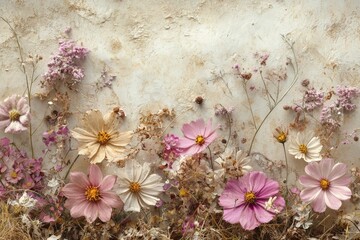A beautiful arrangement of delicate flowers in soft pastel colors, elegantly positioned against a textured wall. The composition evokes a sense of tranquility and natural beauty.