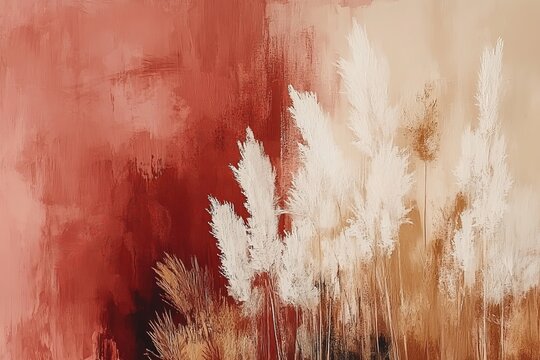 This artistic image showcases white pampas grass against a background of rich red and beige hues, creating a warm and inviting appearance with a sense of movement.