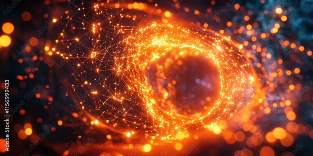 Fototapete fiery vortex of interconnected nodes and glowing particles.