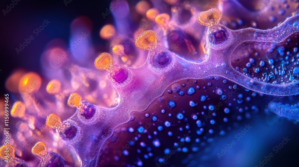 Poster close-up of vibrant, bioluminescent coral polyps with intricate details and textures.