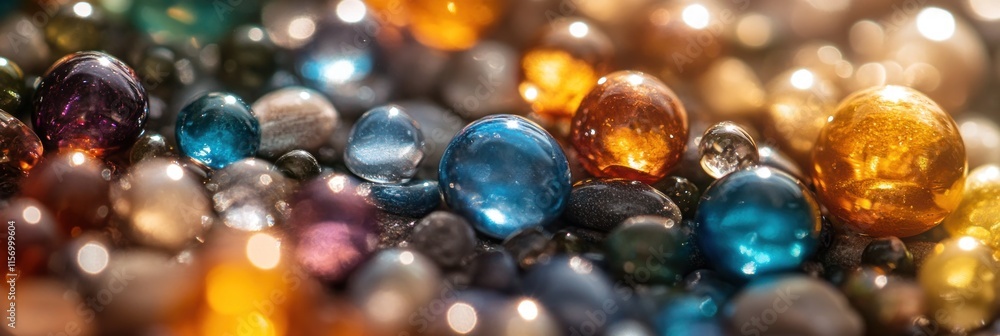 Poster Close-up of colorful, translucent spheres; vibrant, glossy texture; bokeh effect.