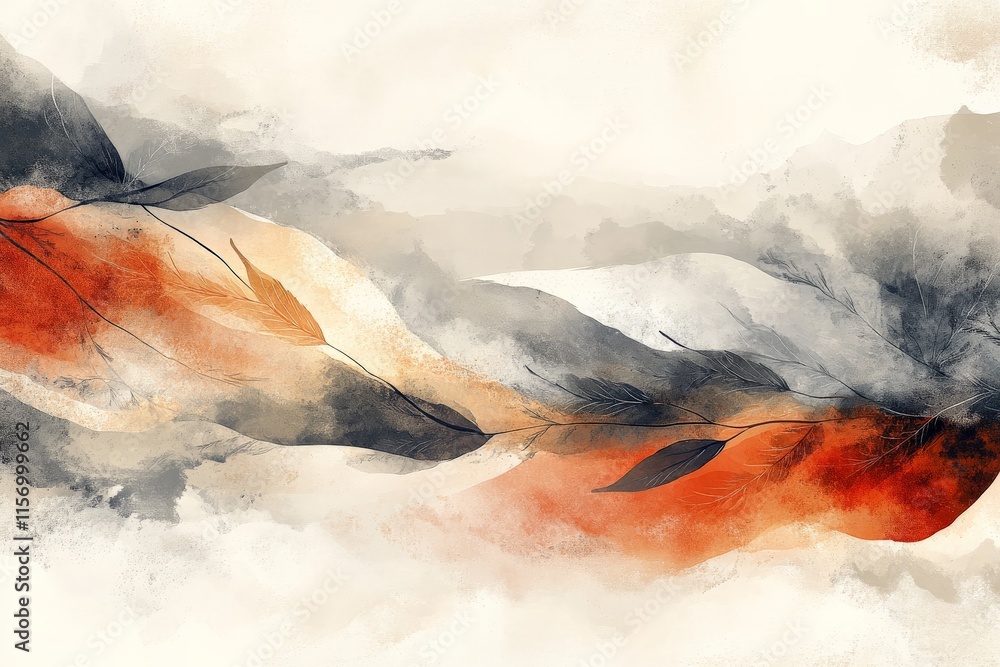 Fototapete an abstract painting featuring dynamic flowing leaves in shades of orange and gray, creating a sense