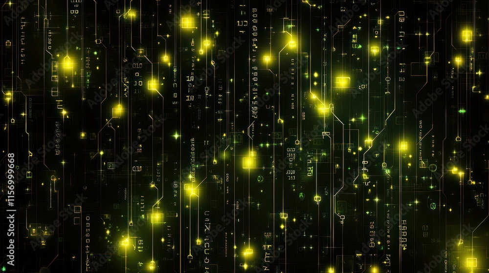 Poster Abstract glowing circuit board pattern with digital data streams.
