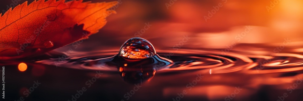 Poster autumn leaf and water drop creating ripples on dark water surface.